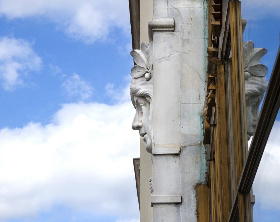 Profile of a sculpted face which is a details of a department store designed by engineer Viktor Azriel