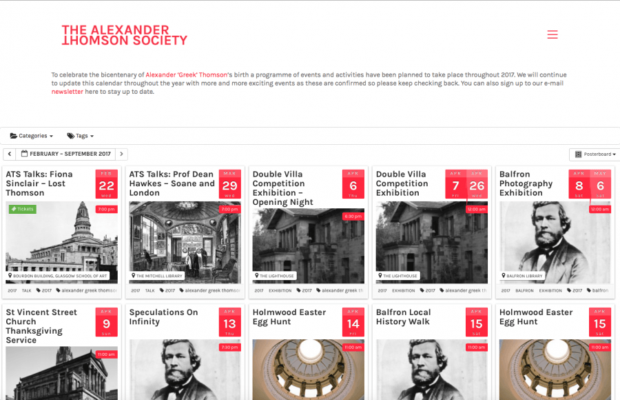 A printscreen of Alexander Thomson Society’s website, showing some of the many activities announced for the celebration of his 200th anniversary.