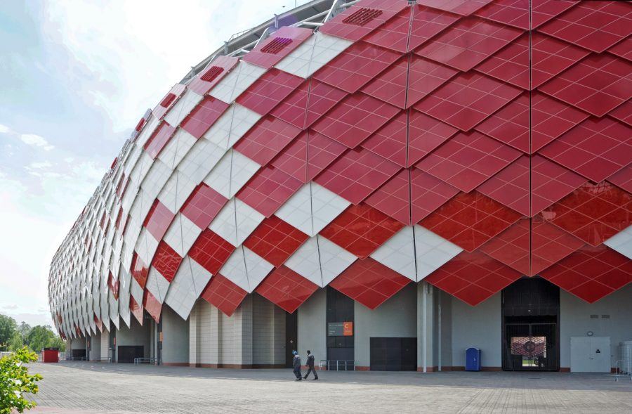 Overlapping red and white diamonds coat the Spartak Stadium building.
