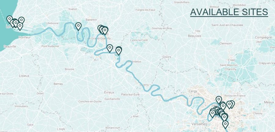 Map of available sites along Paris, Rouen and Le Havre.