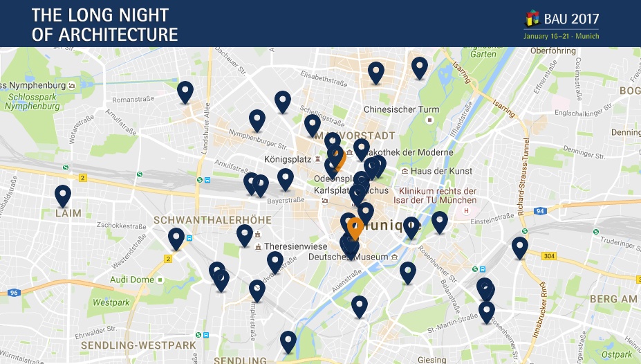 Map with some of the locations for "The Long Night of Architecture 2017", in Munich.