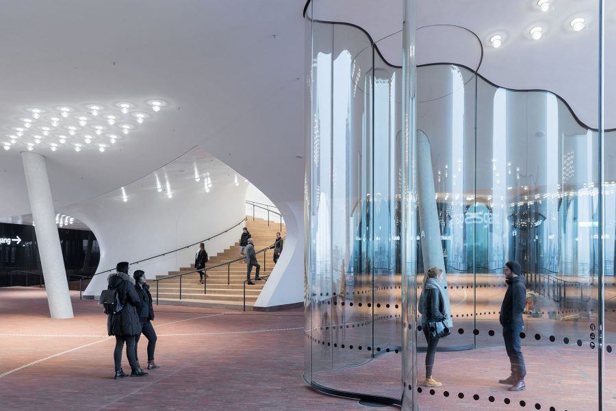 Hamburg Elbphilharmonie’s plaza with its appealing glass curves.