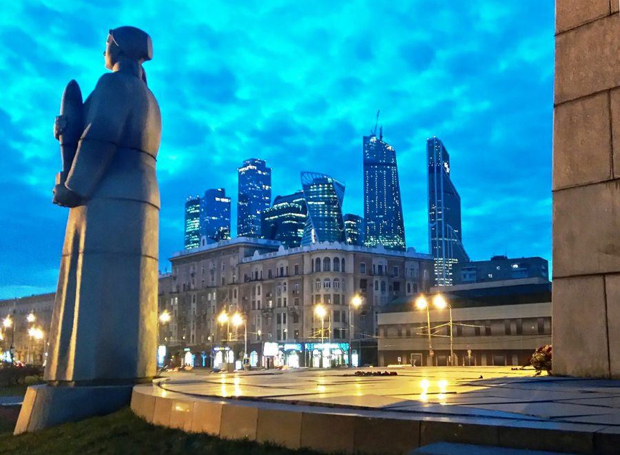 Moscow buildings of different ages in a nocturnal perspective.