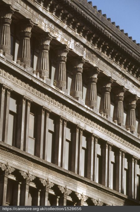 The exotic use of classical motifs on the façade of The Egyptian Halls.