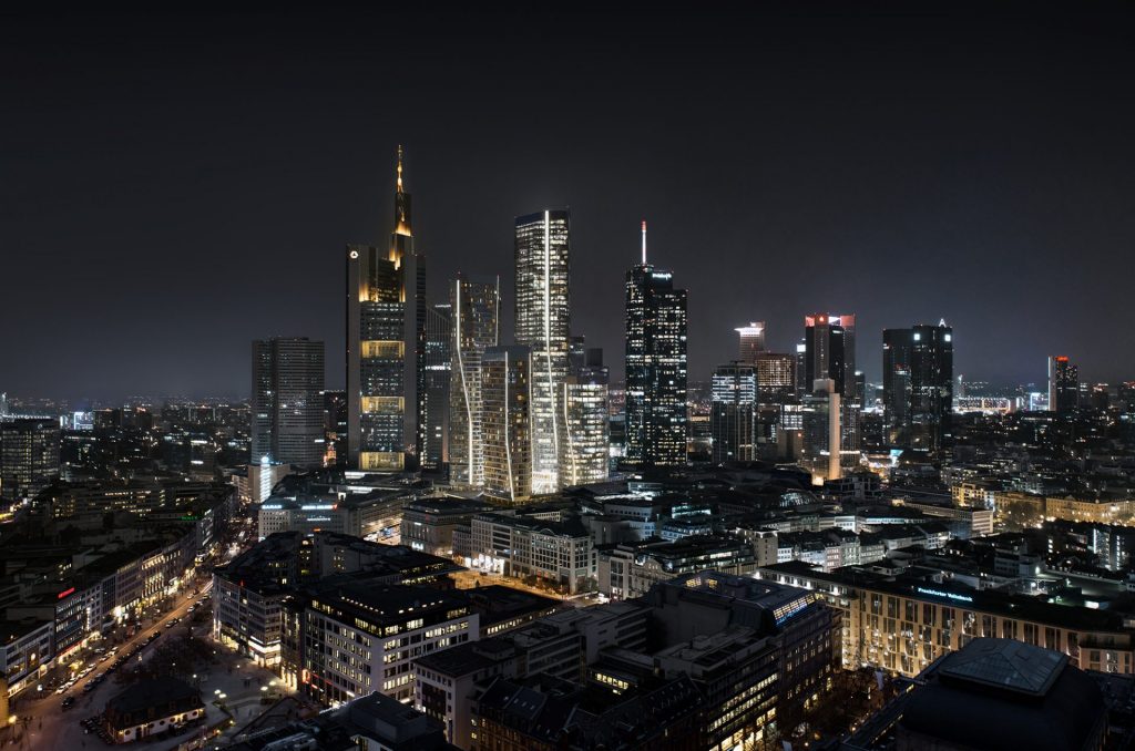 gratte-ciels à Francfort: FOUR Frankfurt Skyline by night. Photo by ©UN_Studio / Groß & Partner