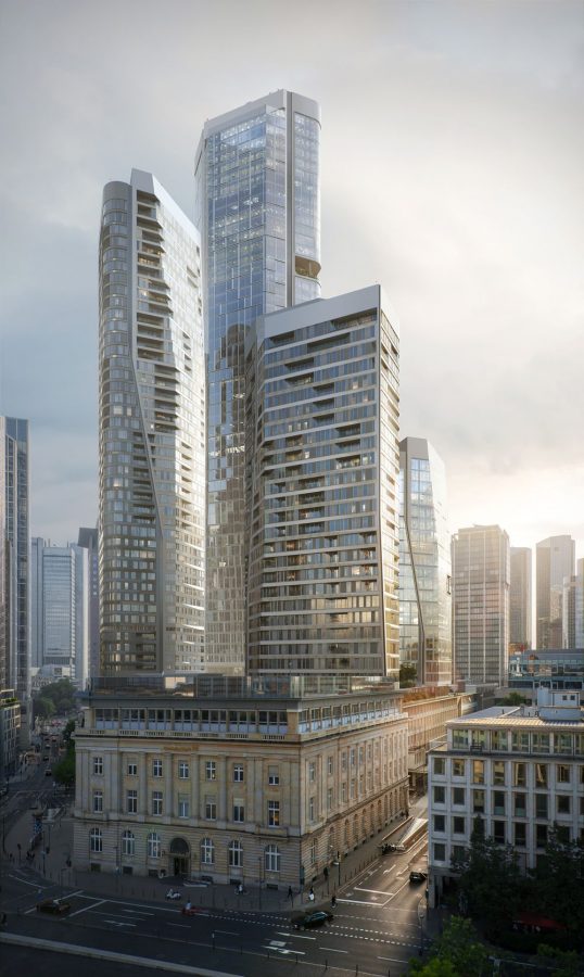 Frankfurt high-rise: FOUR Frankfurt with listed Deutsche Bank building. Photo by ©UN_Studio / Groß & Partner