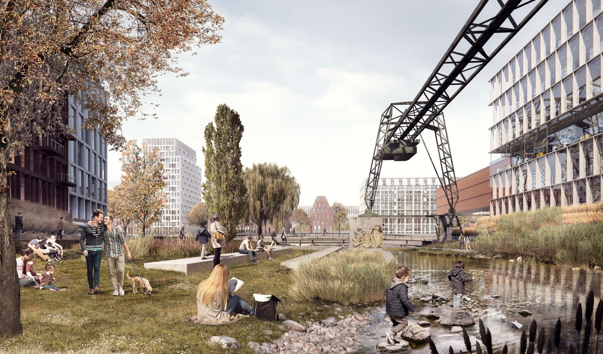 Old cranes, new architecture and water in the green areas: cobe’s vision for the harbor transformation in Cologne