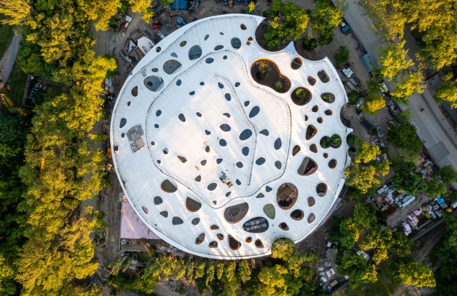 The mushroom-like roof of the House of Music. 