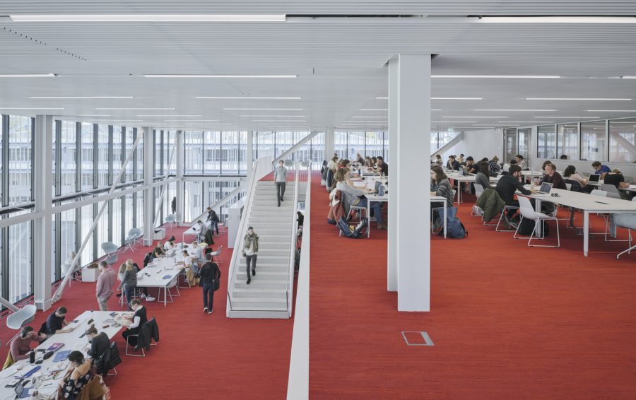 Various reading and working zones : the acoustically separated quiet room with gallery. Photo by: ©David Schreyer - The renovation and expansion of the library of the University of Graz