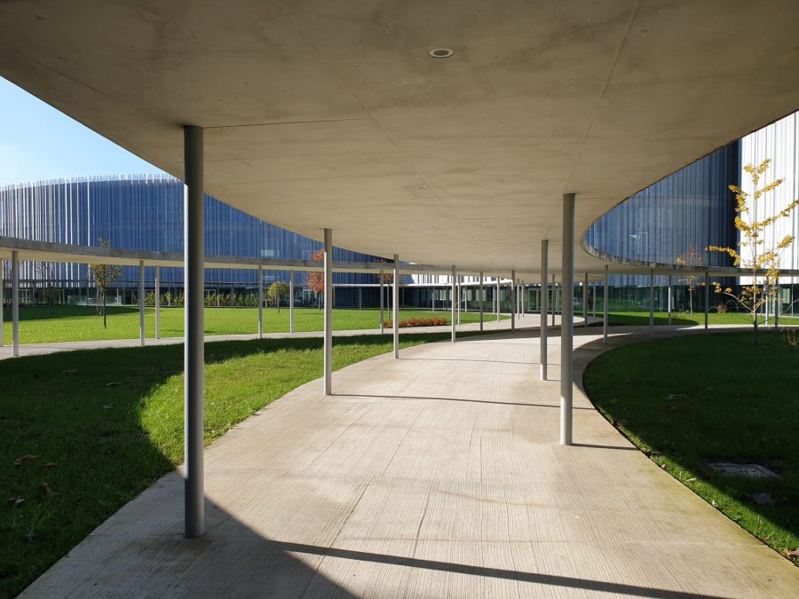 A covered path in the green inside the campus. Photo by ©Massimo Tiano