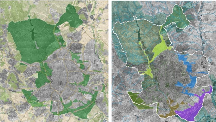 The Metropolitan Forest in its extension and on the right, the 5 winning sectoral projects of the international competition. 