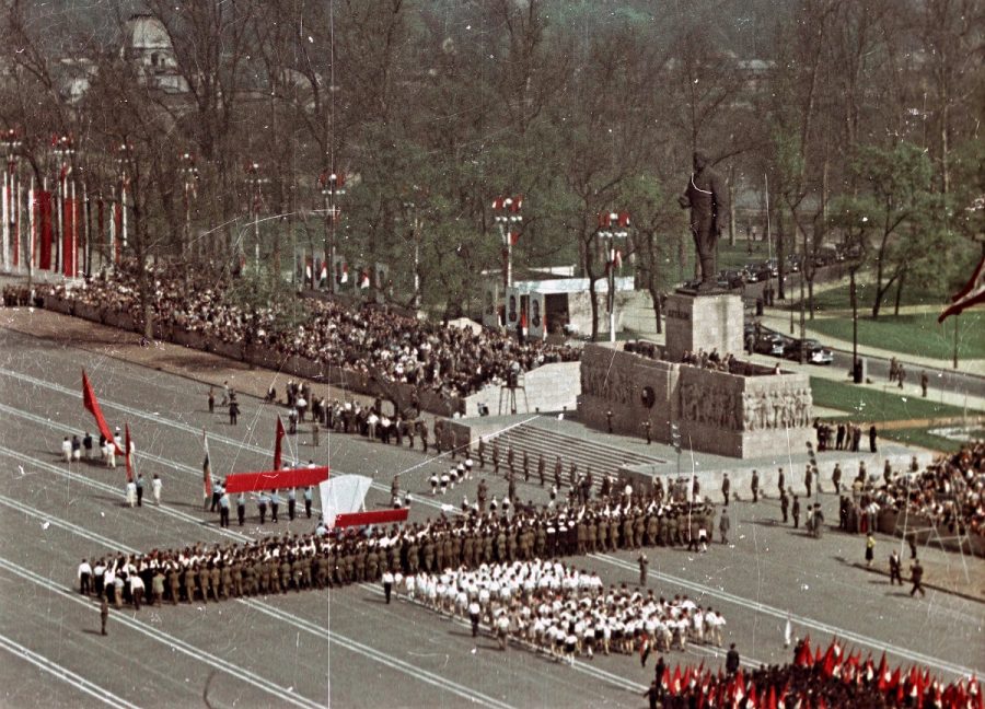 Workers march past the Stalin monument in the 1950s. 