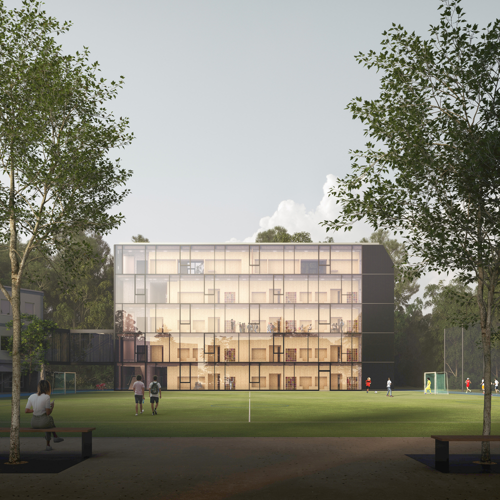 Visualisation building and sports field.